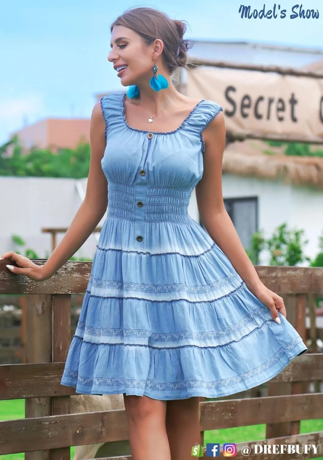 DREFBUFY Women's Maxi Dress Sleeveless Denim Long Summer A-line Casual Blue Cotton Boho Flowy Sundresses for Women