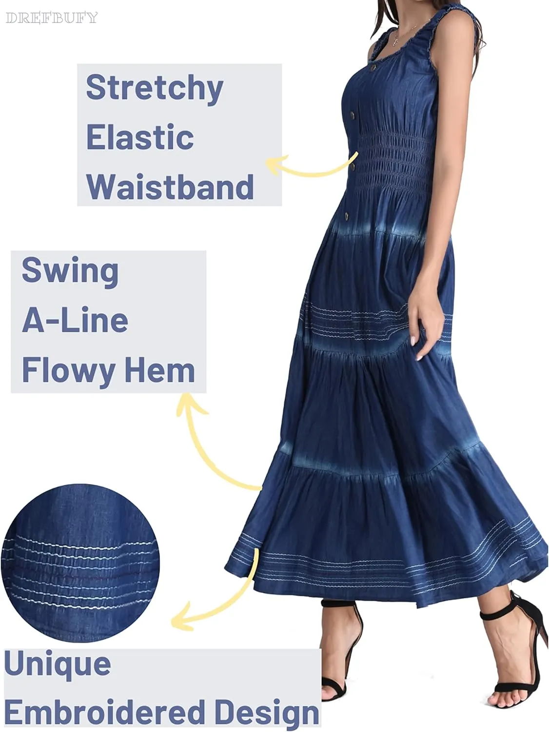 DREFBUFY Women's Maxi Dress Sleeveless Denim Long Summer A-line Casual Blue Cotton Boho Flowy Sundresses for Women