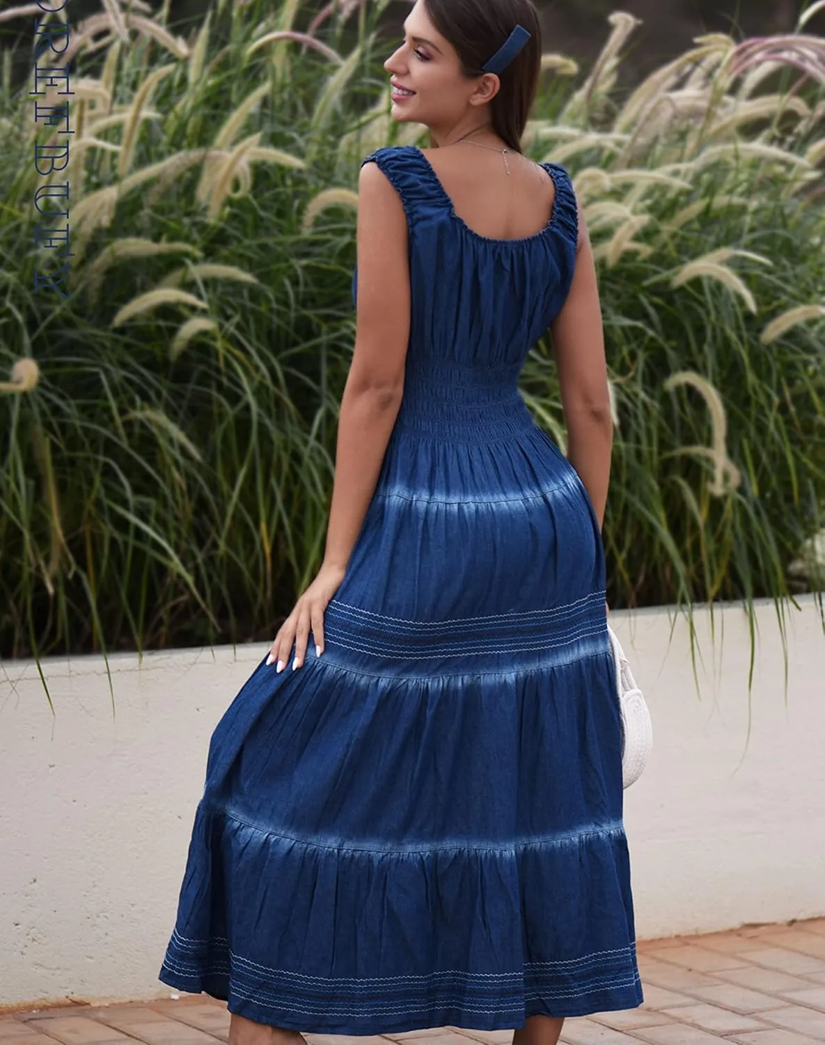 DREFBUFY Women's Maxi Dress Sleeveless Denim Long Summer A-line Casual Blue Cotton Boho Flowy Sundresses for Women