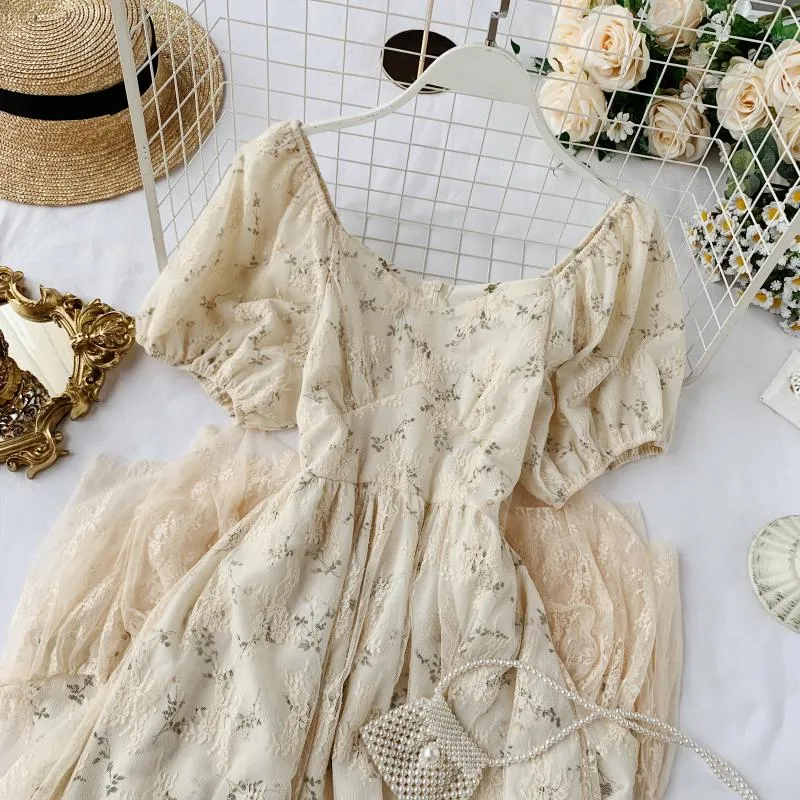 Elegant Beige Floral Fairy Dress - French Vintage Charm