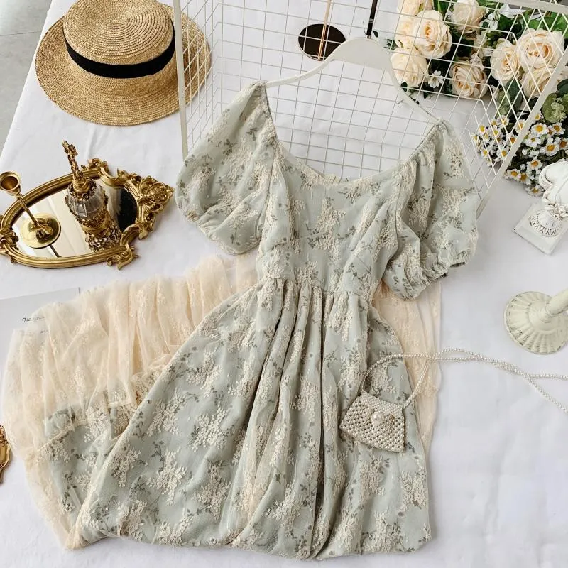 Elegant Beige Floral Fairy Dress - French Vintage Charm