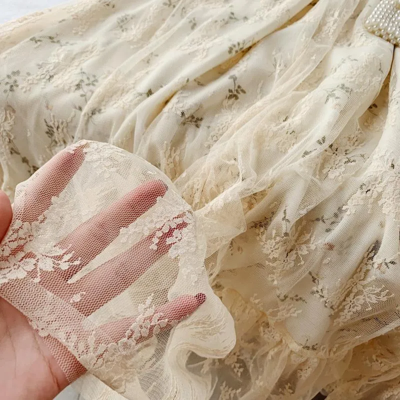 Elegant Beige Floral Fairy Dress - French Vintage Charm
