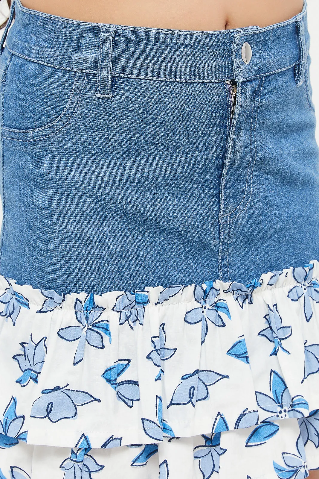 Girls Blue And White Denim Skirt With Woven Frills