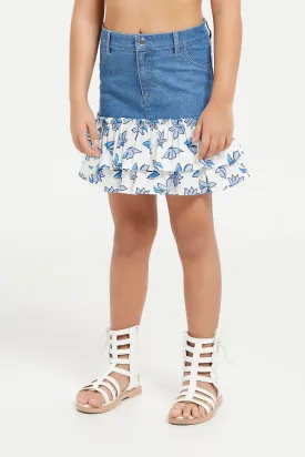 Girls Blue And White Denim Skirt With Woven Frills