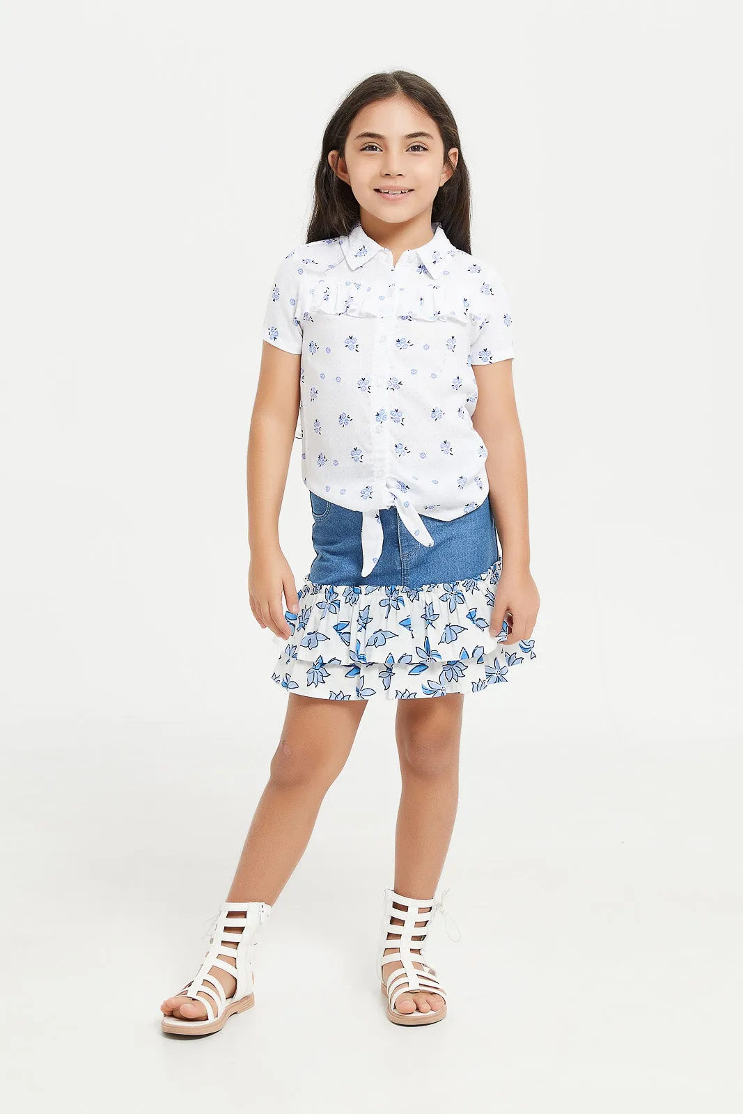 Girls Blue And White Denim Skirt With Woven Frills