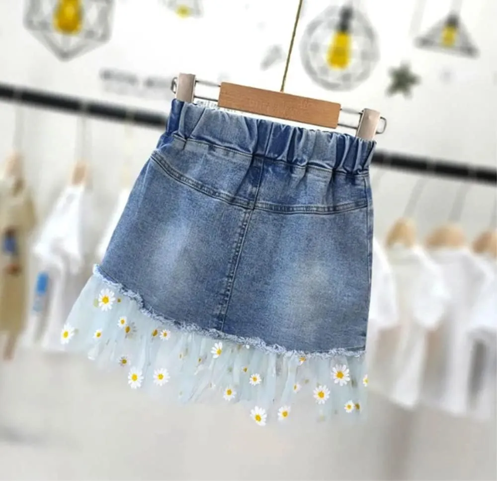 Girls Kids Denim Lace Skirt Pretty Cute Casual Mini Stretch Elastic Waist Flared Plain Tutu Skirt