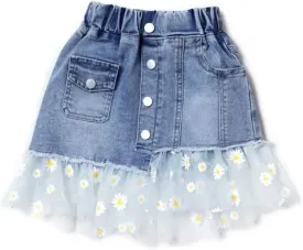 Girls Kids Denim Lace Skirt Pretty Cute Casual Mini Stretch Elastic Waist Flared Plain Tutu Skirt