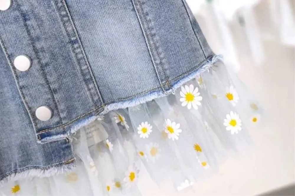 Girls Kids Denim Lace Skirt Pretty Cute Casual Mini Stretch Elastic Waist Flared Plain Tutu Skirt