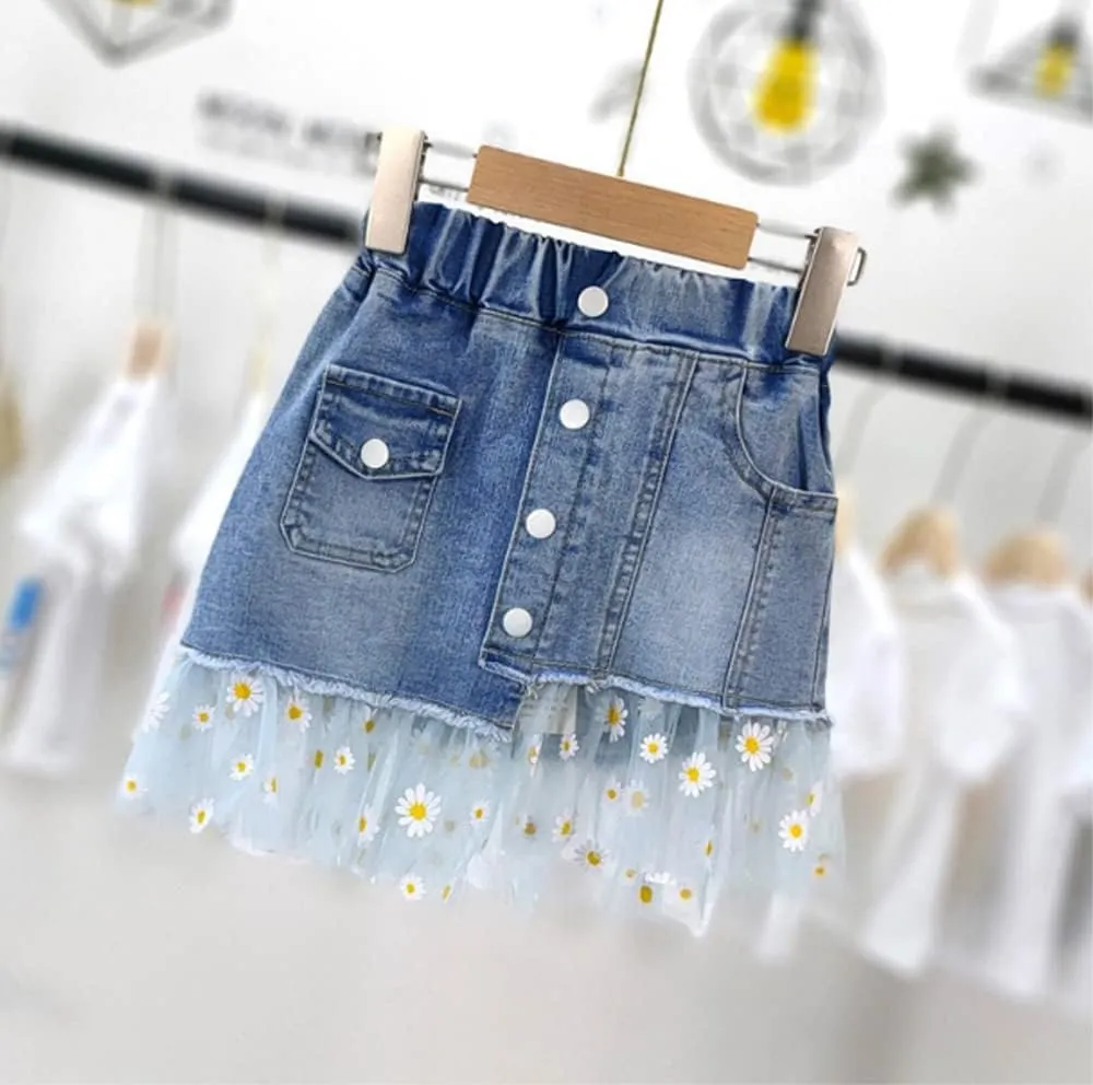 Girls Kids Denim Lace Skirt Pretty Cute Casual Mini Stretch Elastic Waist Flared Plain Tutu Skirt