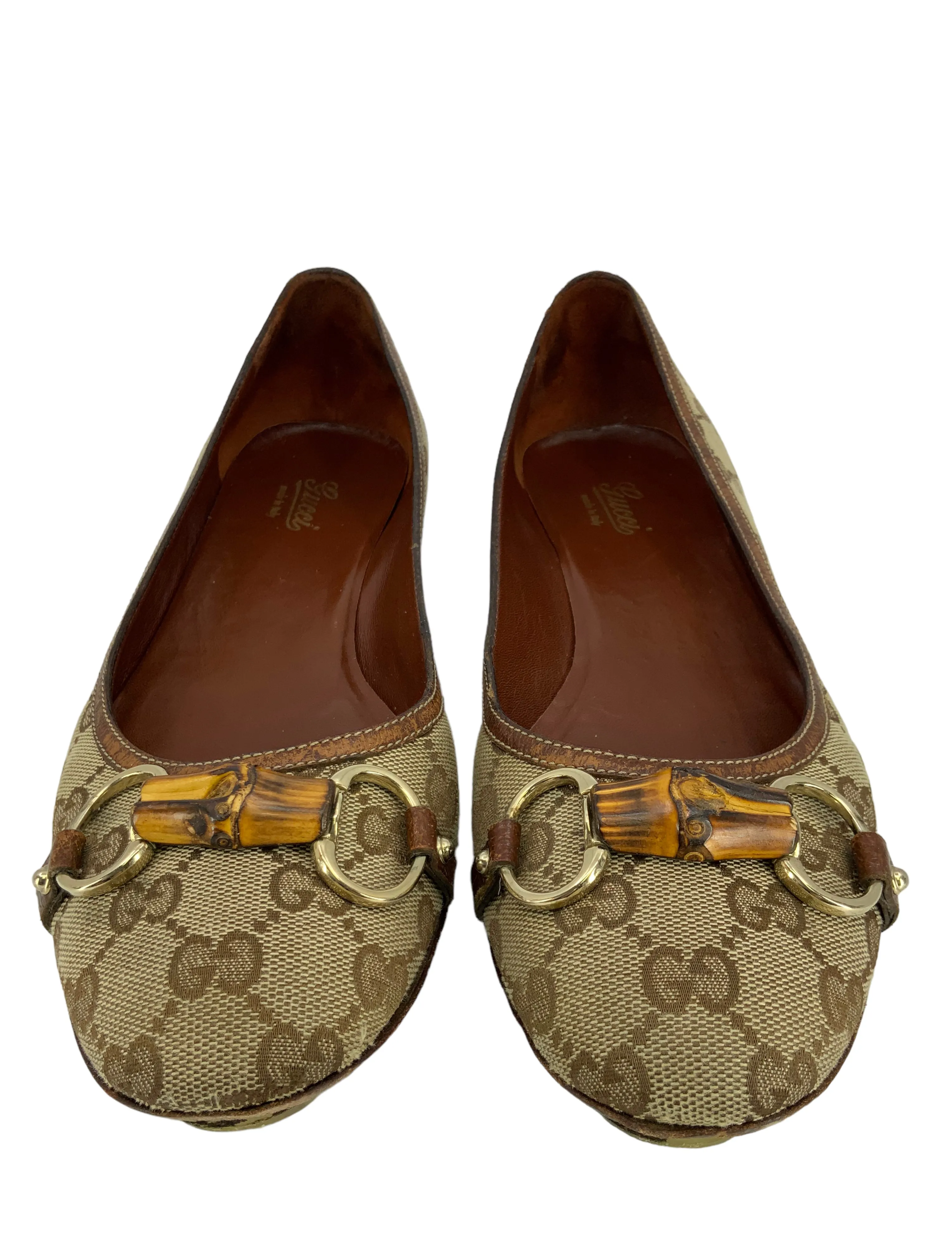 Gucci Vintage GG Canvas Bamboo Horsebit Ballet Flats Size 11