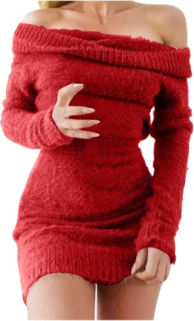 HGps8w Women's Off The Shoulder Sweater Dress Elegant Long Slleve Bodycon Mini Dress Fall Winter Fuzzy Warm Sweaters
