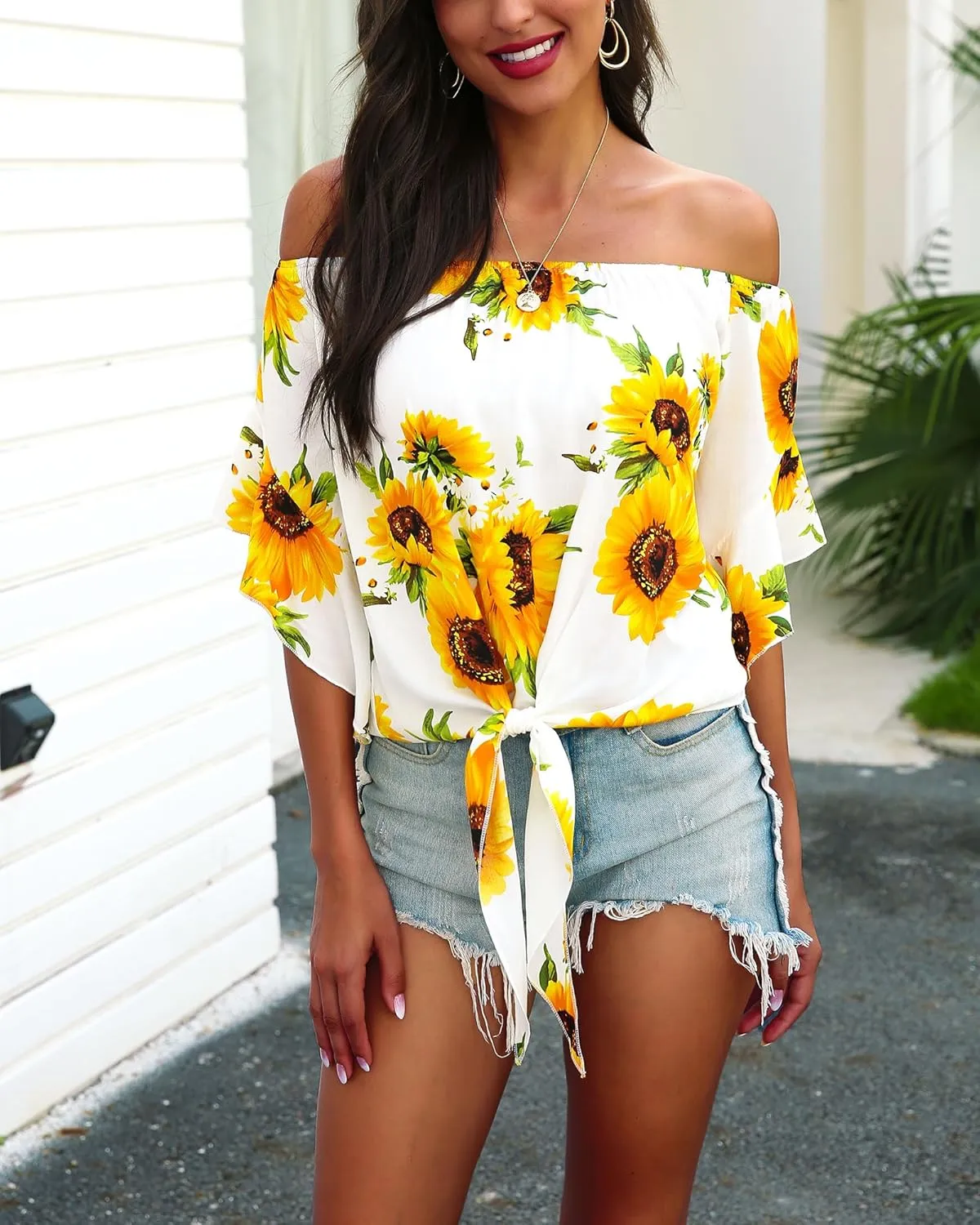 Hibluco Womens Off Shoulder Tops Sexy Floral Print Crop Tops Summer Blouses T-Shirt