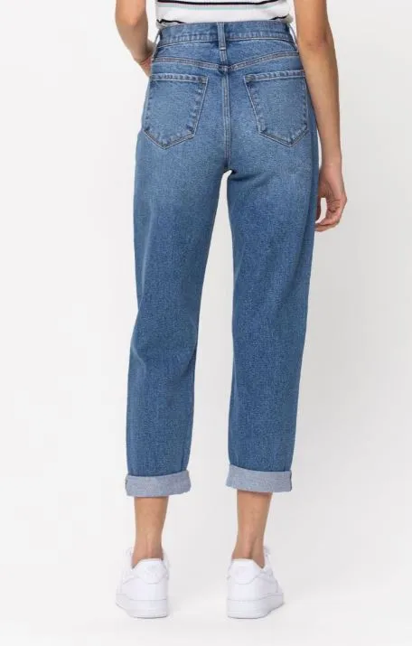 High Rise Double Rolled Cuff Mom Jeans