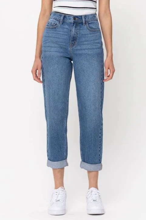 High Rise Double Rolled Cuff Mom Jeans