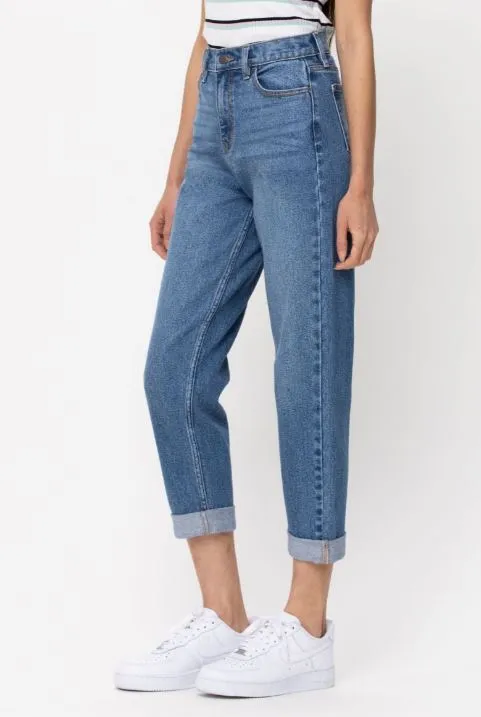 High Rise Double Rolled Cuff Mom Jeans