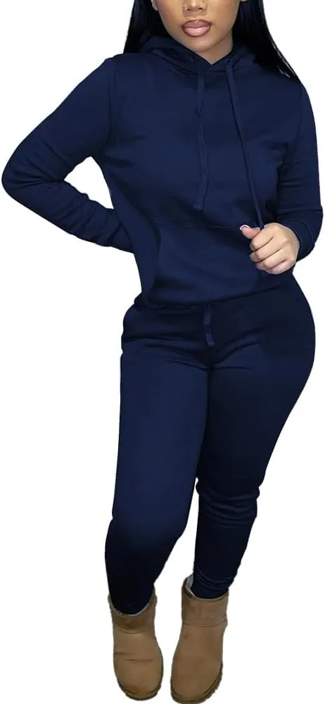 HTD Two Piece Outfits for Women Casual Sweatsuits Set Long Sleeve Hoodie Tracksuit Pullover Jogger Sweat Pants Set