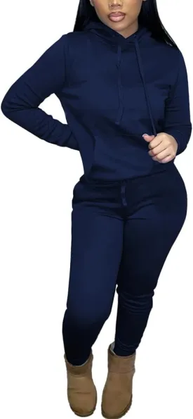 HTD Two Piece Outfits for Women Casual Sweatsuits Set Long Sleeve Hoodie Tracksuit Pullover Jogger Sweat Pants Set