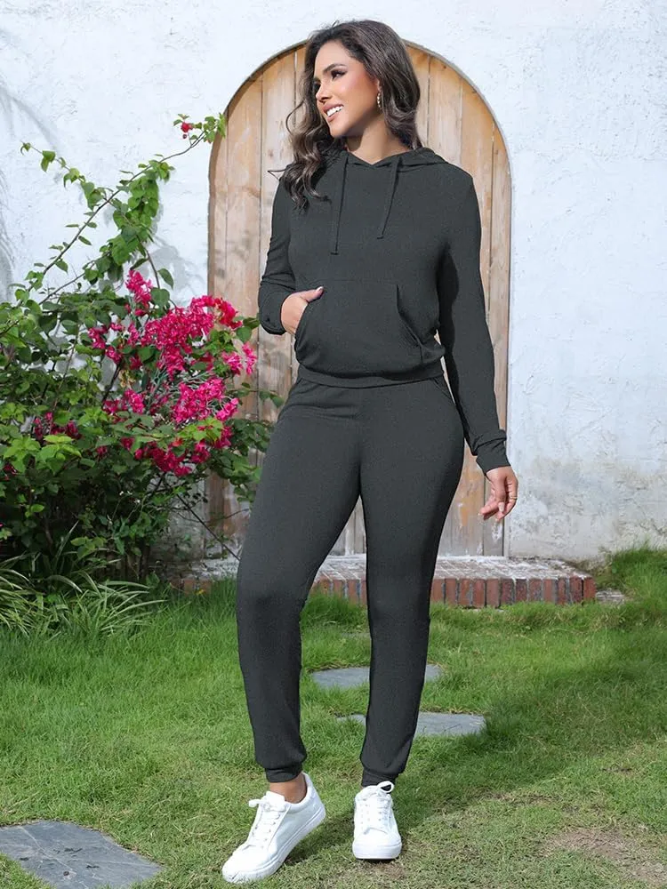 HTD Two Piece Outfits for Women Casual Sweatsuits Set Long Sleeve Hoodie Tracksuit Pullover Jogger Sweat Pants Set