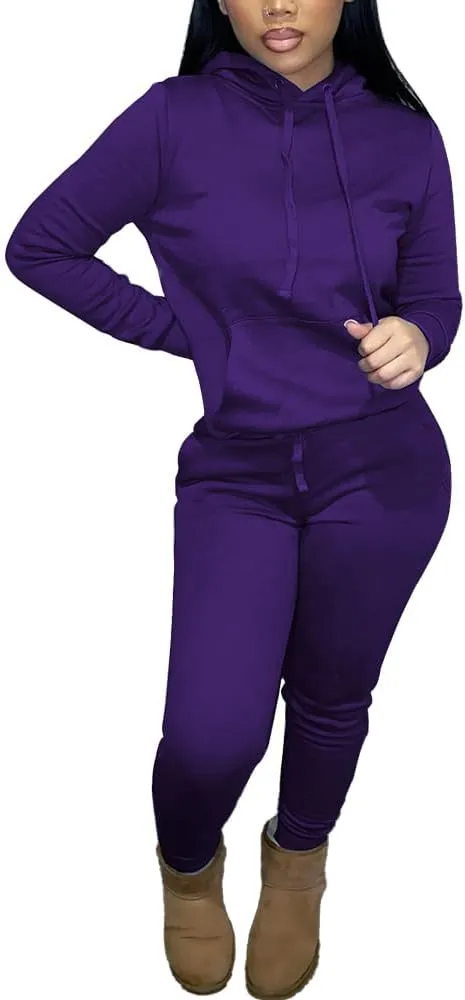 HTD Two Piece Outfits for Women Casual Sweatsuits Set Long Sleeve Hoodie Tracksuit Pullover Jogger Sweat Pants Set