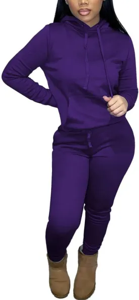 HTD Two Piece Outfits for Women Casual Sweatsuits Set Long Sleeve Hoodie Tracksuit Pullover Jogger Sweat Pants Set