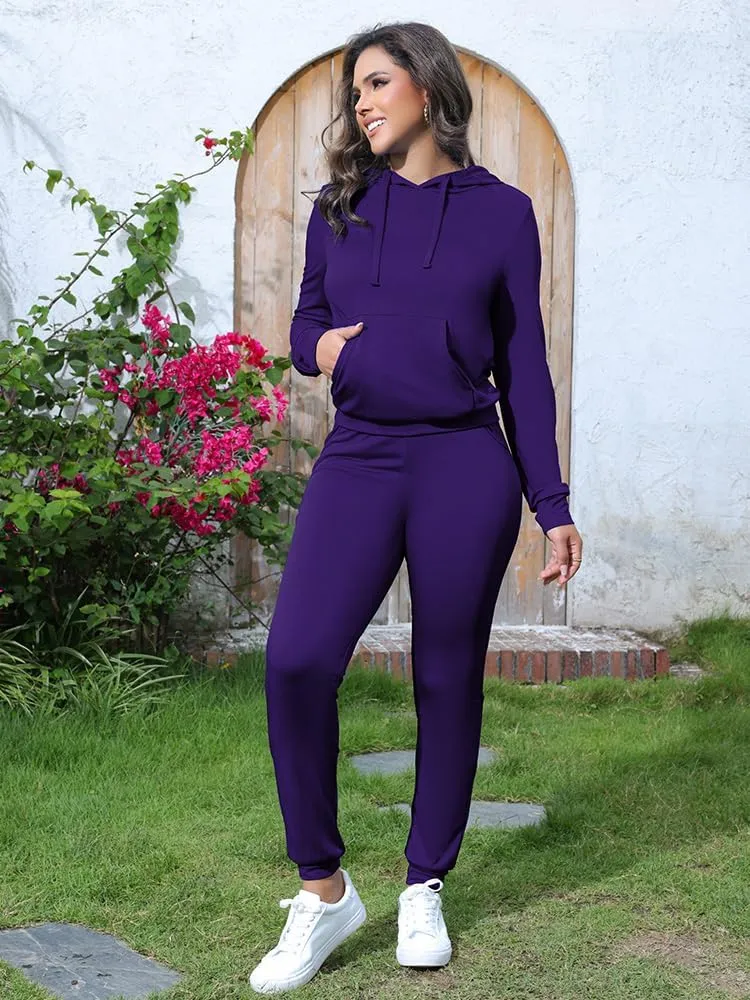 HTD Two Piece Outfits for Women Casual Sweatsuits Set Long Sleeve Hoodie Tracksuit Pullover Jogger Sweat Pants Set