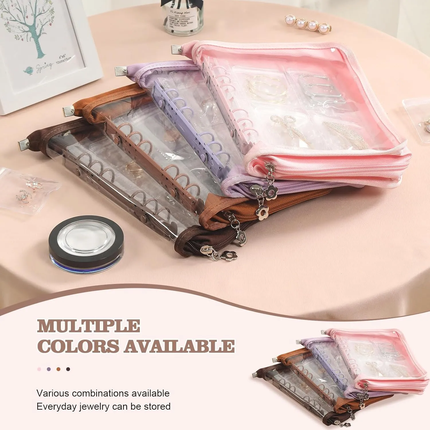 Jewelry organizer Book Transparent Earring Organizer Book travel jewelry Storage Book for Earrings Necklace Bracelet Ring, Brown