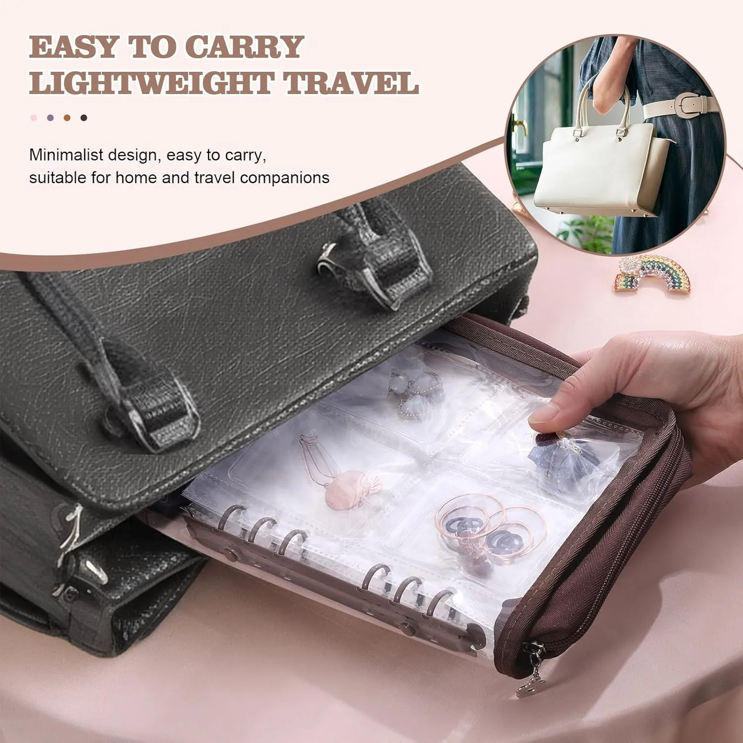 Jewelry organizer Book Transparent Earring Organizer Book travel jewelry Storage Book for Earrings Necklace Bracelet Ring, Brown
