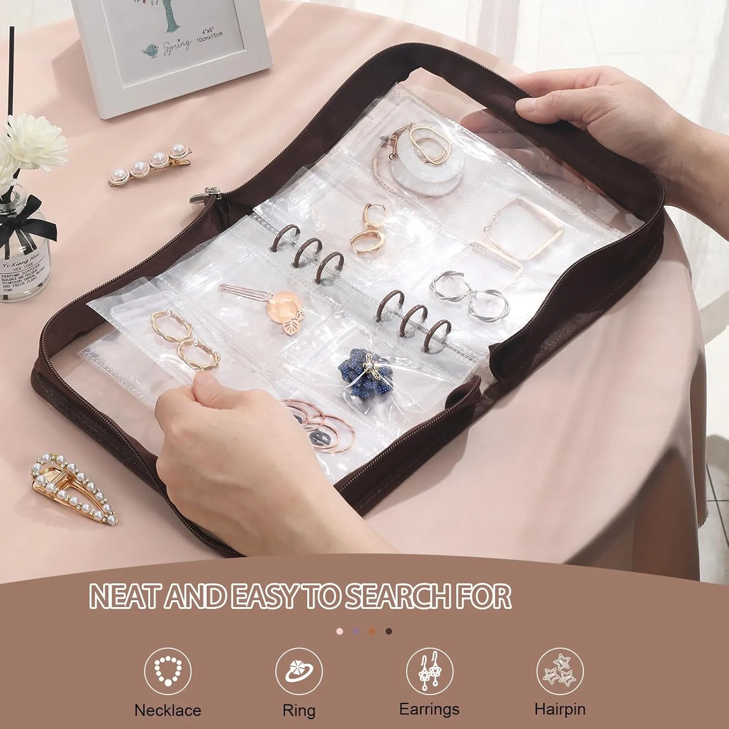 Jewelry organizer Book Transparent Earring Organizer Book travel jewelry Storage Book for Earrings Necklace Bracelet Ring, Brown