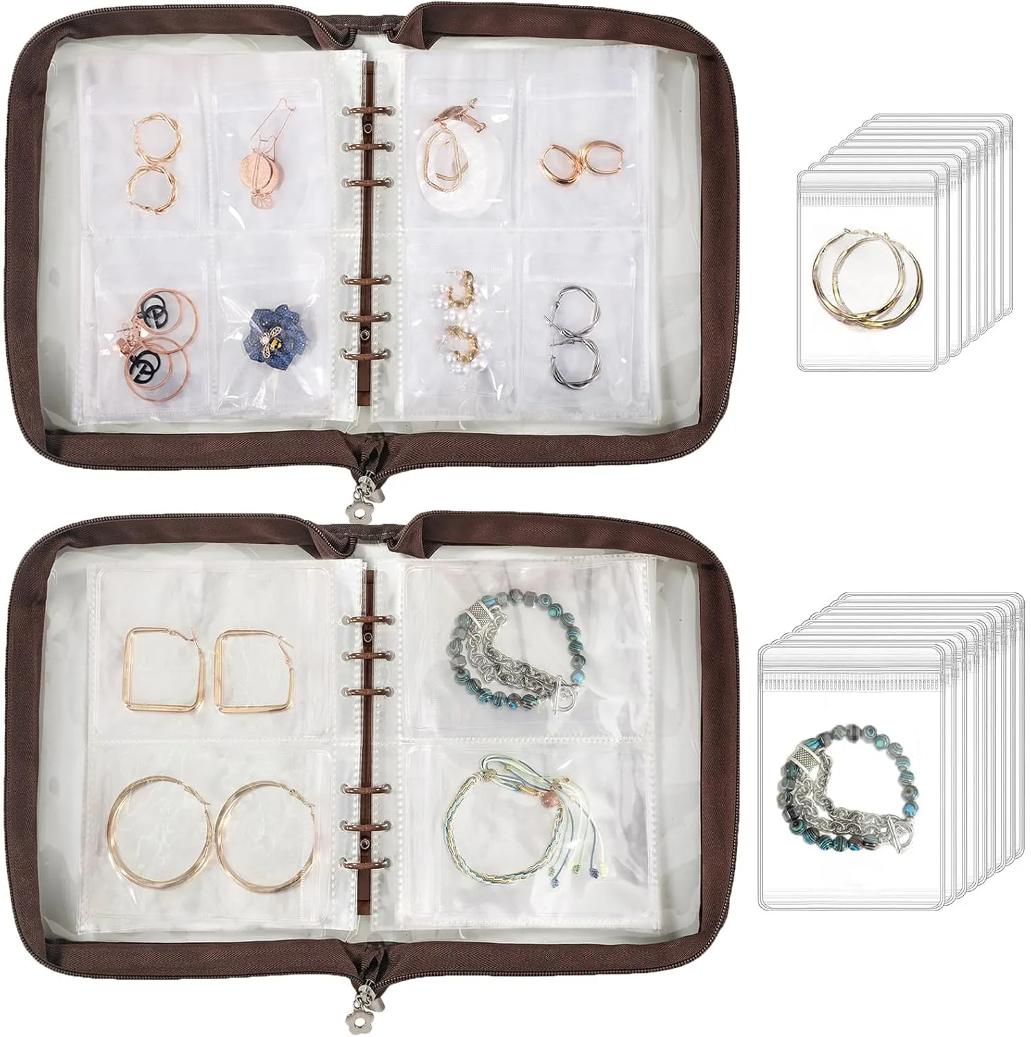 Jewelry organizer Book Transparent Earring Organizer Book travel jewelry Storage Book for Earrings Necklace Bracelet Ring, Brown