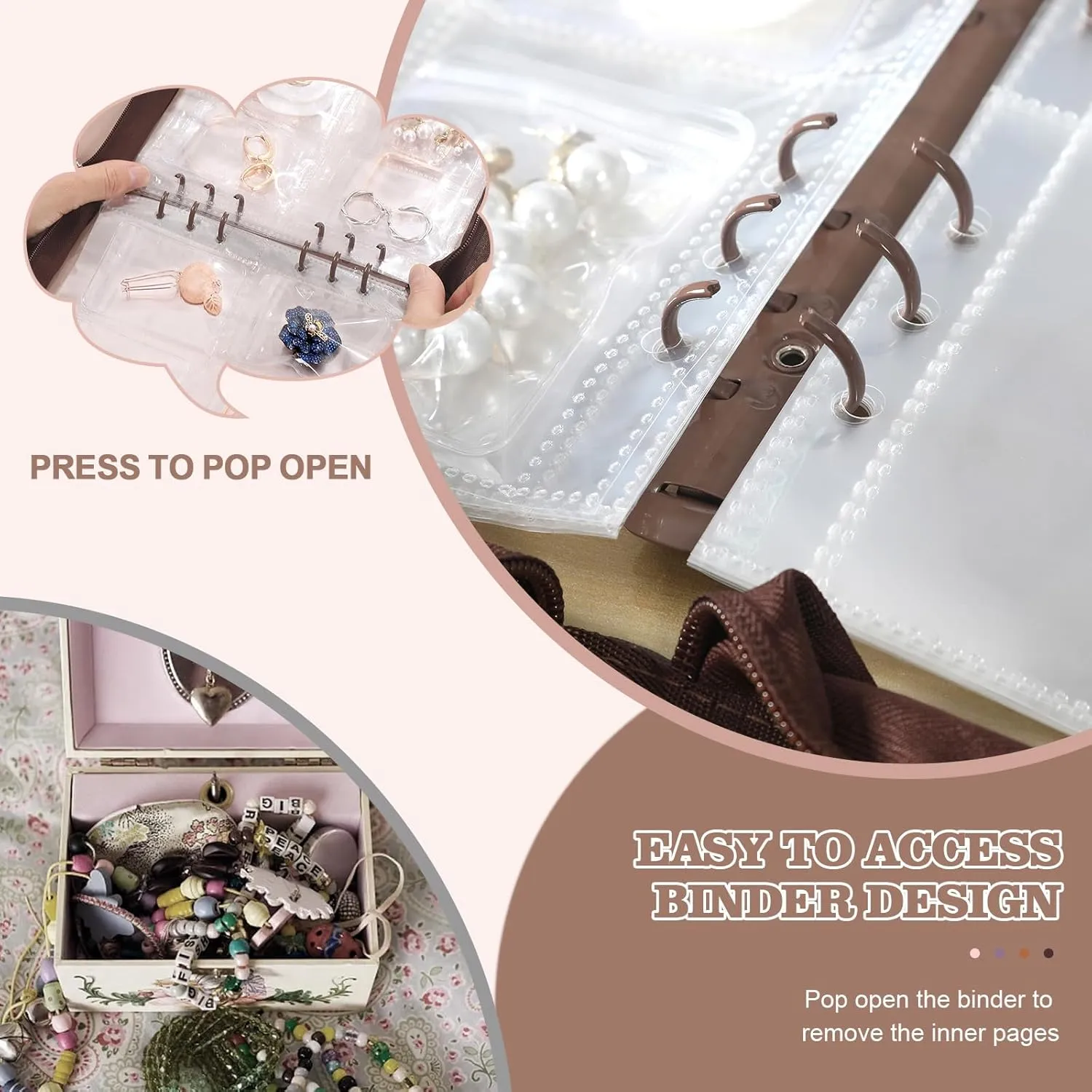 Jewelry organizer Book Transparent Earring Organizer Book travel jewelry Storage Book for Earrings Necklace Bracelet Ring, Brown