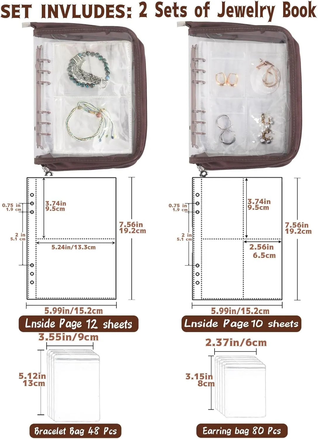 Jewelry organizer Book Transparent Earring Organizer Book travel jewelry Storage Book for Earrings Necklace Bracelet Ring, Brown