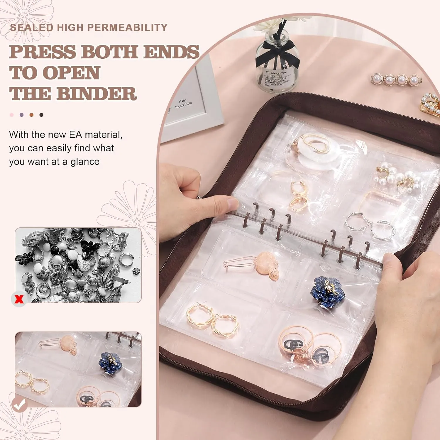 Jewelry organizer Book Transparent Earring Organizer Book travel jewelry Storage Book for Earrings Necklace Bracelet Ring, Brown