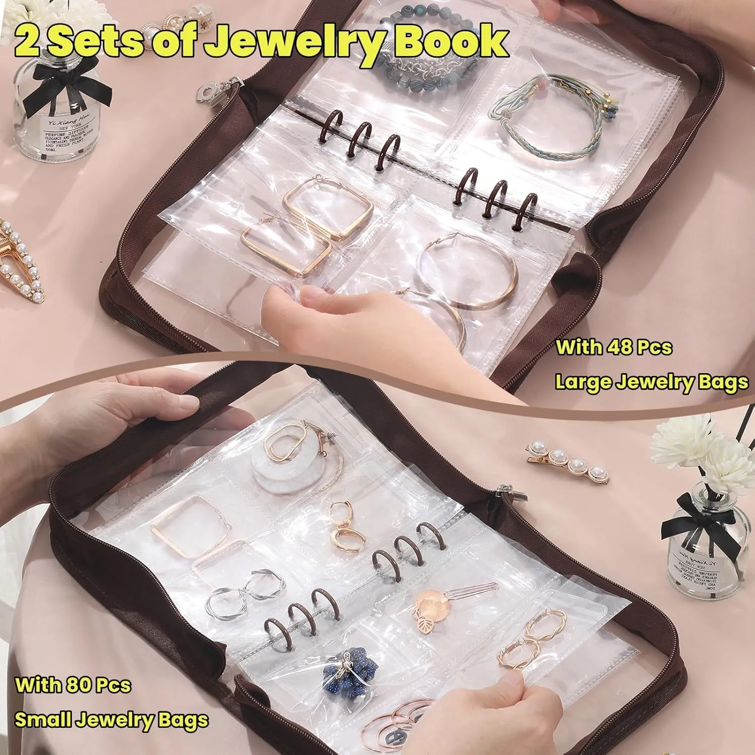 Jewelry organizer Book Transparent Earring Organizer Book travel jewelry Storage Book for Earrings Necklace Bracelet Ring, Brown