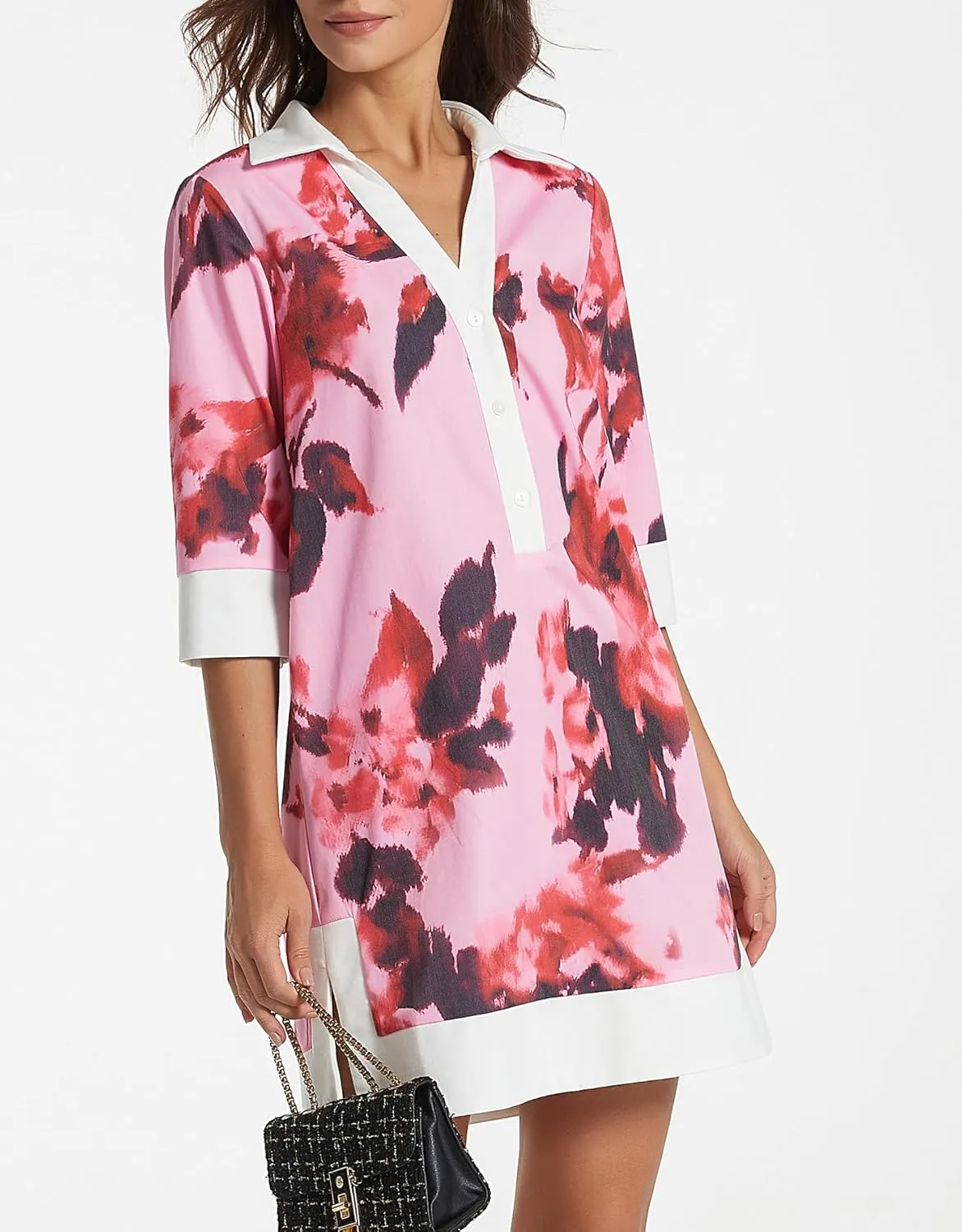 Kedera Women Botton Shirt Dress V Neck Short Sleeves Summer Linen Shift Tunic Dress with Pockets