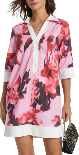 Kedera Women Botton Shirt Dress V Neck Short Sleeves Summer Linen Shift Tunic Dress with Pockets