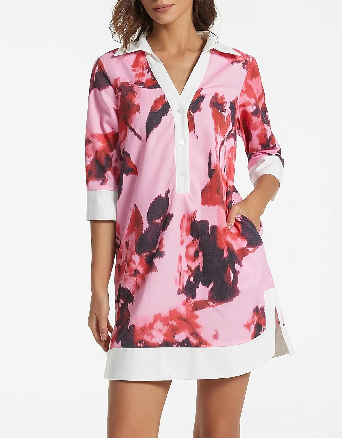 Kedera Women Botton Shirt Dress V Neck Short Sleeves Summer Linen Shift Tunic Dress with Pockets
