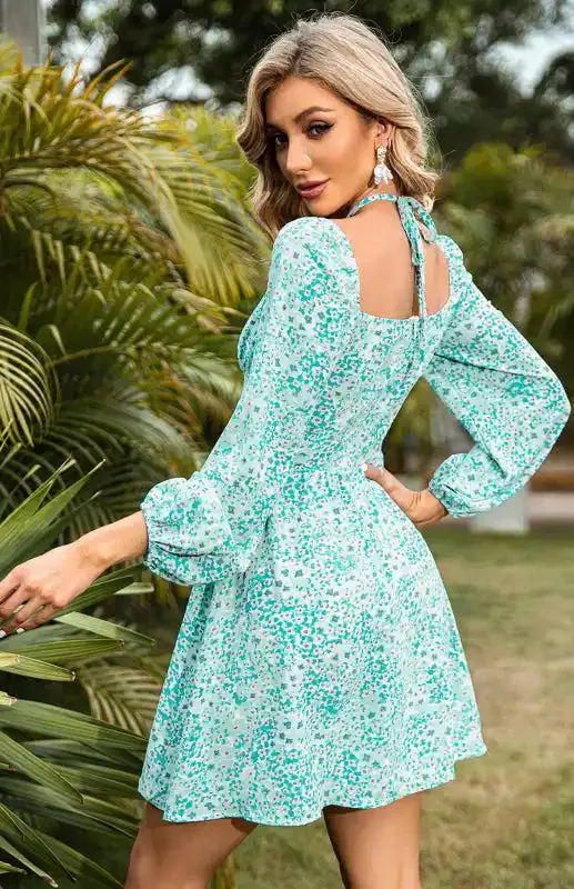 Ladies Square Neck Cross Lace Small Floral Waist Dress