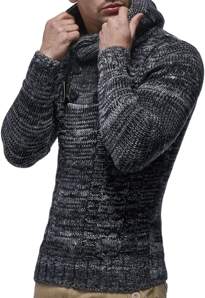 Leif Nelson Men's Knitted Sweater - Slim Pullover Sweaters for Men with Hoodie