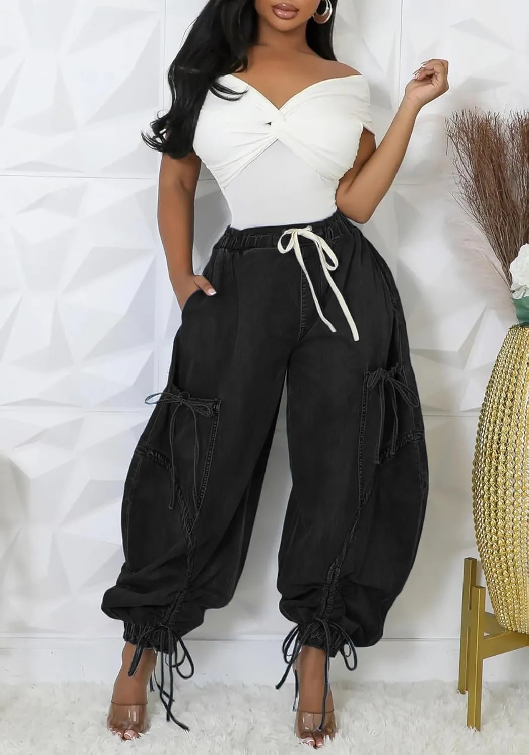 LETSVDO Women's Baggy Cargo Jogger Jeans High Waisted Wide Leg Drawstring Bow Pockets Loose Harem Denim Pant Sweatpants