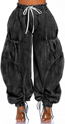 LETSVDO Women's Baggy Cargo Jogger Jeans High Waisted Wide Leg Drawstring Bow Pockets Loose Harem Denim Pant Sweatpants