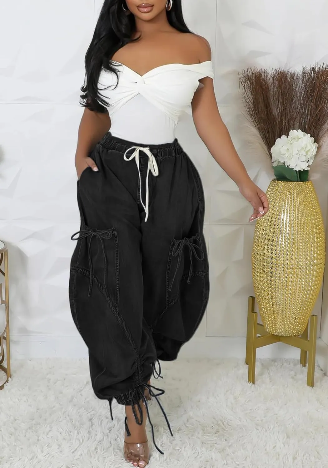 LETSVDO Women's Baggy Cargo Jogger Jeans High Waisted Wide Leg Drawstring Bow Pockets Loose Harem Denim Pant Sweatpants