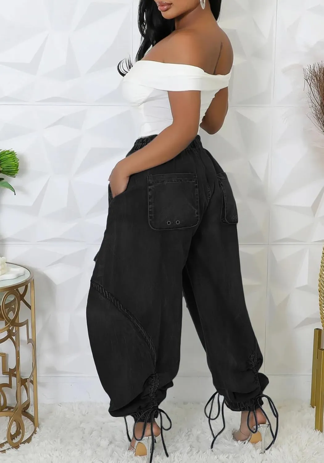LETSVDO Women's Baggy Cargo Jogger Jeans High Waisted Wide Leg Drawstring Bow Pockets Loose Harem Denim Pant Sweatpants