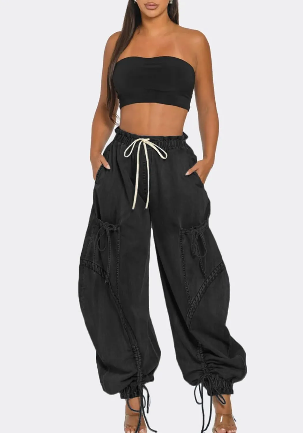 LETSVDO Women's Baggy Cargo Jogger Jeans High Waisted Wide Leg Drawstring Bow Pockets Loose Harem Denim Pant Sweatpants