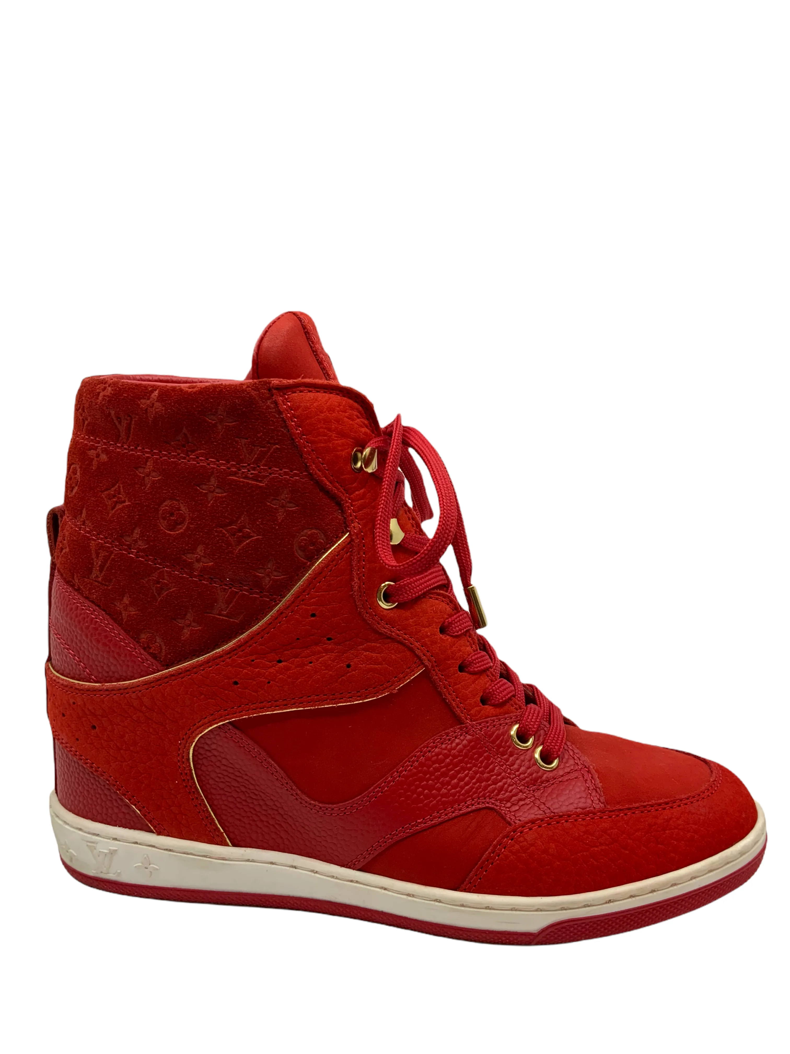 Louis Vuitton Womens Embossed Monogram Suede Cliff Top Wedge Sneakers - Size 7, Luxe Designer Footwear