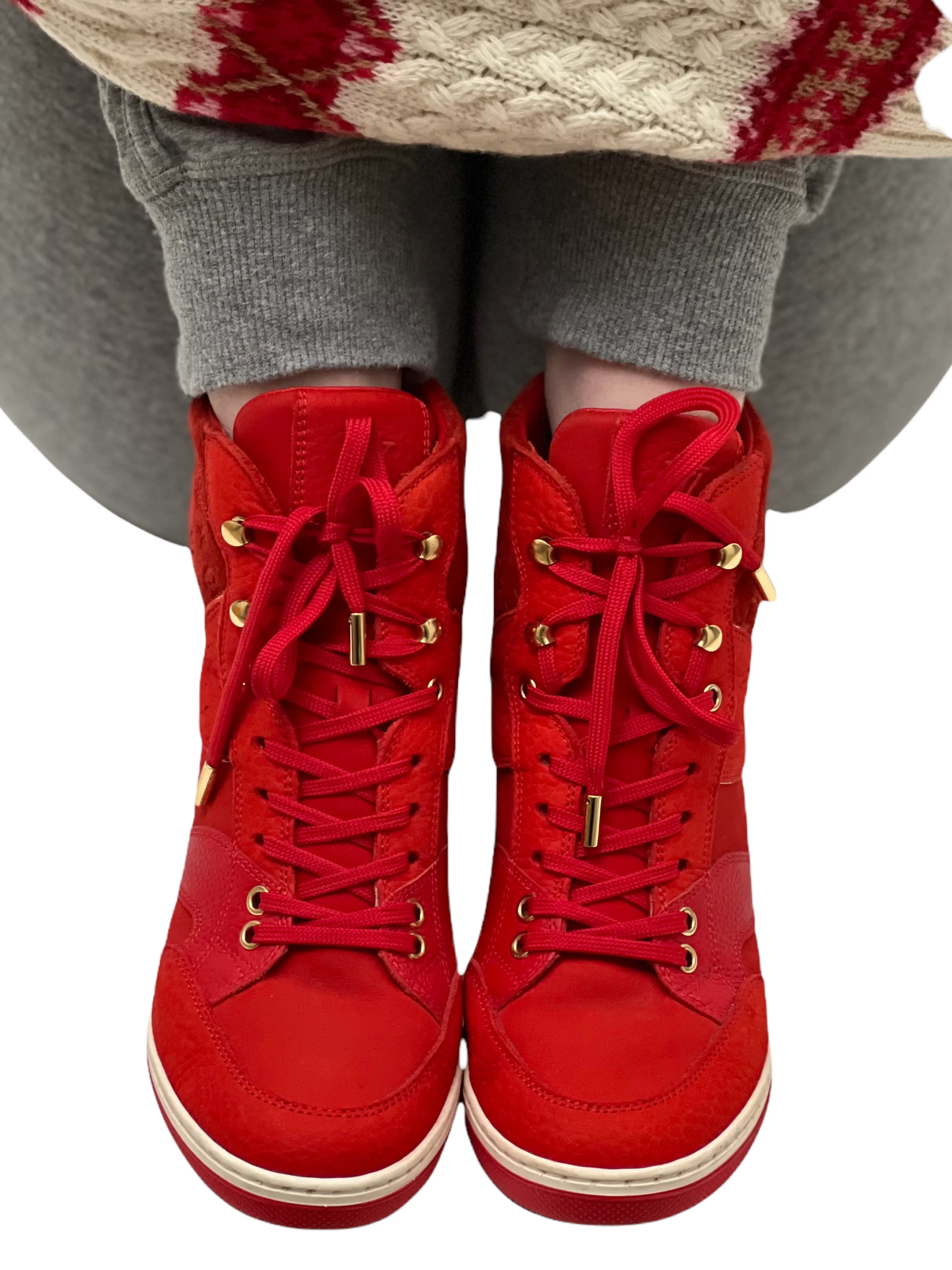 Louis Vuitton Womens Embossed Monogram Suede Cliff Top Wedge Sneakers - Size 7, Luxe Designer Footwear