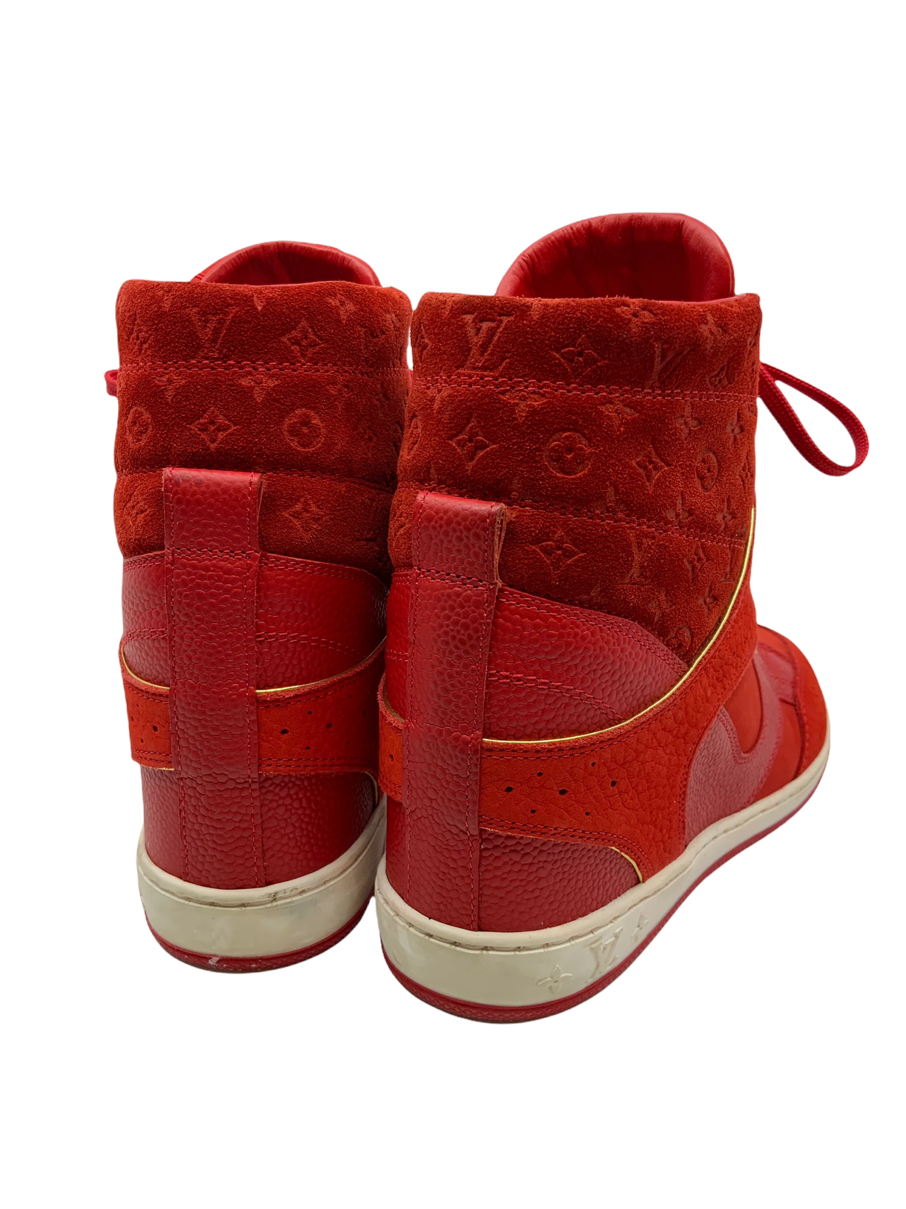Louis Vuitton Womens Embossed Monogram Suede Cliff Top Wedge Sneakers - Size 7, Luxe Designer Footwear