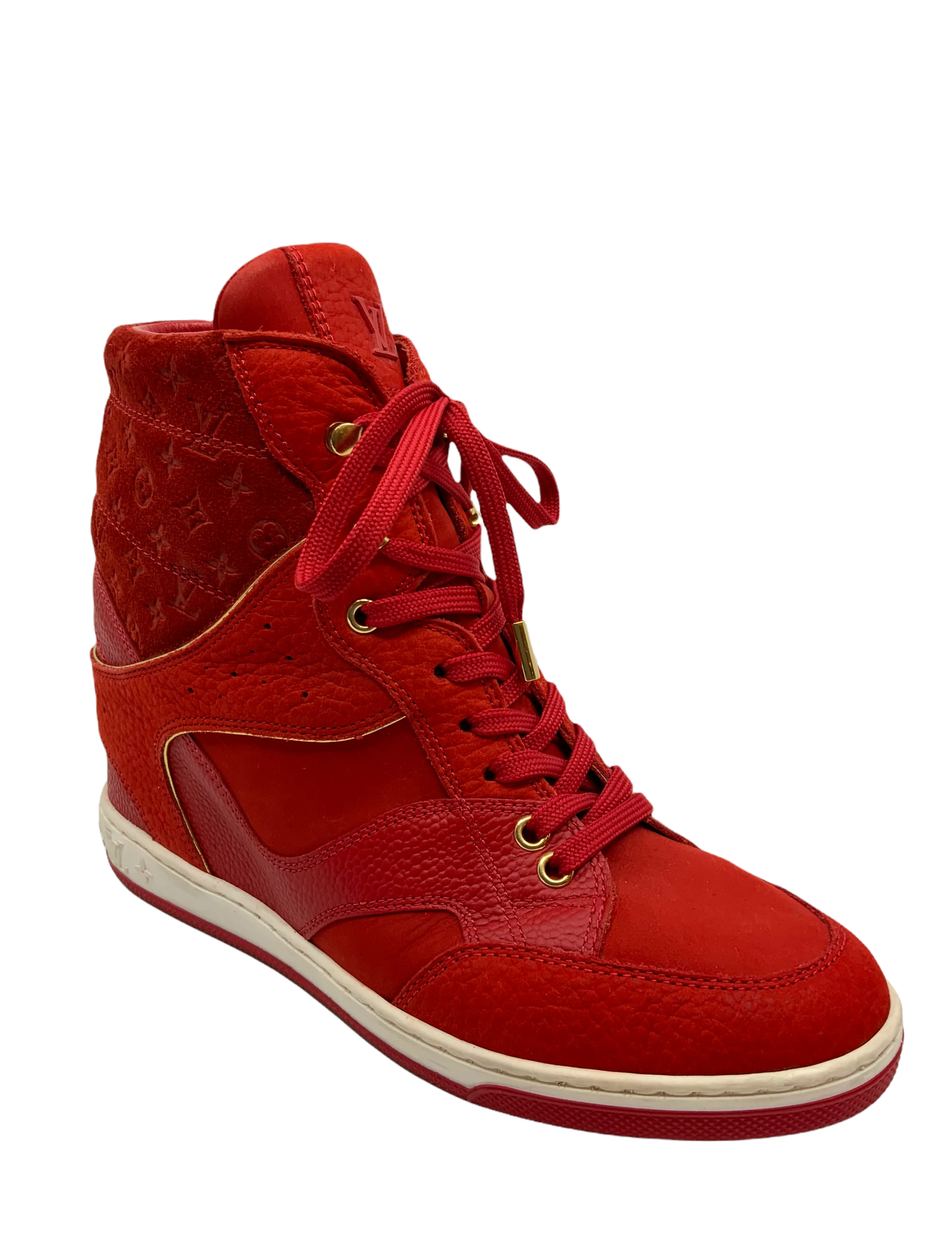 Louis Vuitton Womens Embossed Monogram Suede Cliff Top Wedge Sneakers - Size 7, Luxe Designer Footwear