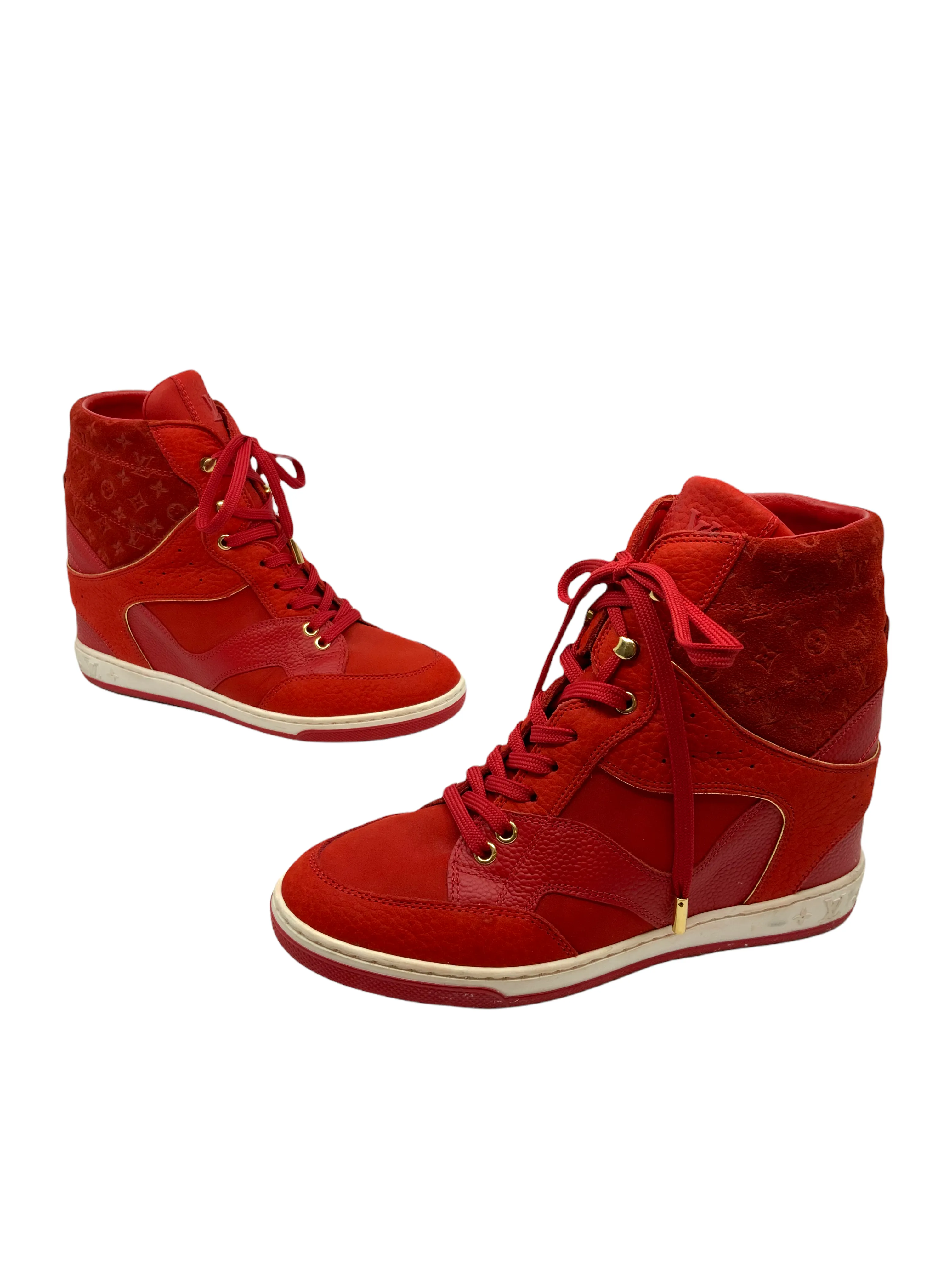 Louis Vuitton Womens Embossed Monogram Suede Cliff Top Wedge Sneakers - Size 7, Luxe Designer Footwear