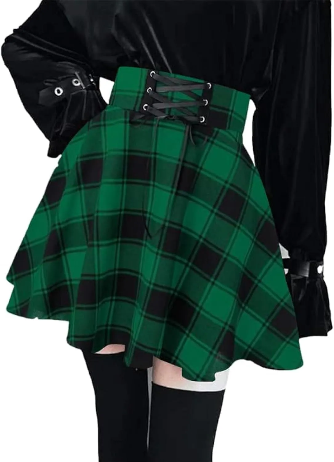 Lunoakvo Women's High Waisted Short A-line Flare Gothic Mini Black Red Plaid Pleated Skirt Dress