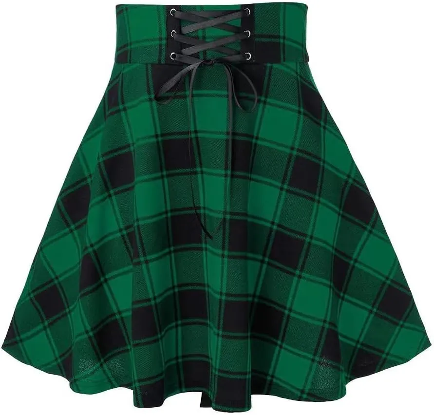 Lunoakvo Women's High Waisted Short A-line Flare Gothic Mini Black Red Plaid Pleated Skirt Dress
